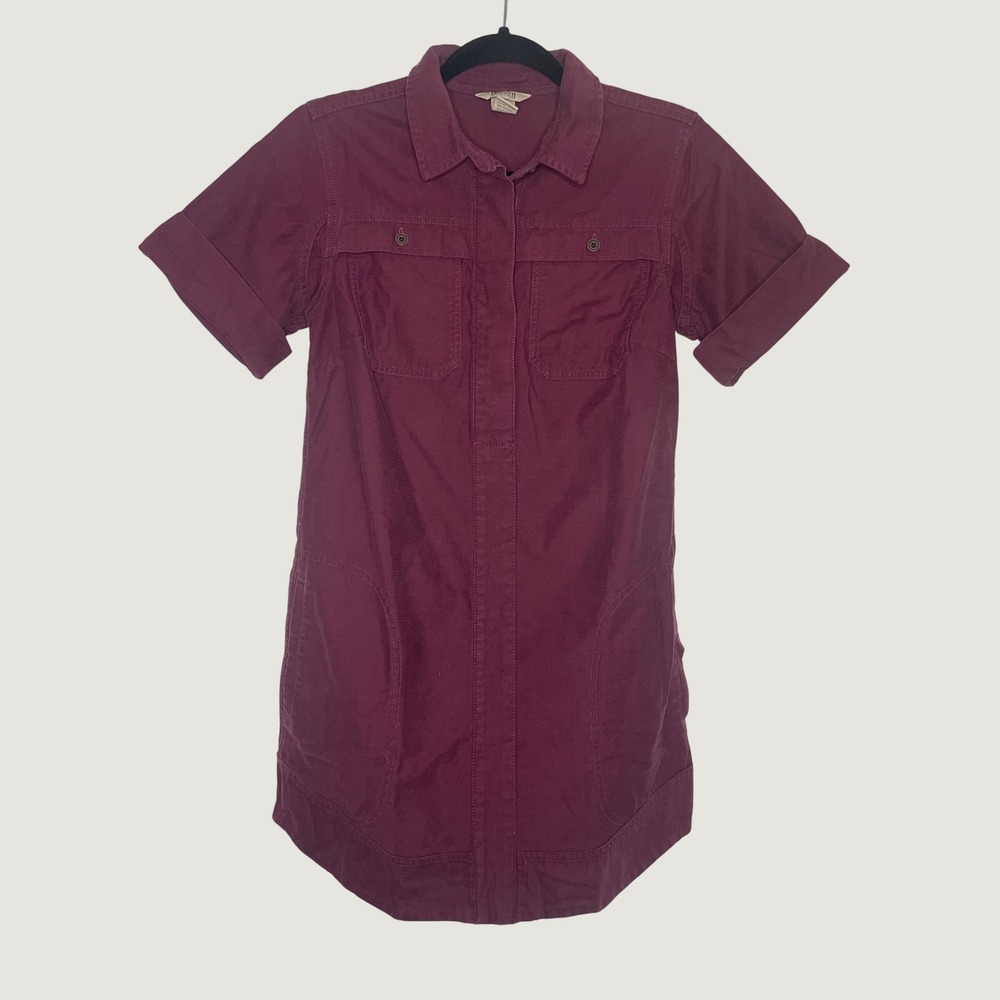 Duluth Trading Co Shirt Dress Burgundy Cotton Utility Pocket Short Sleeve Sz XS